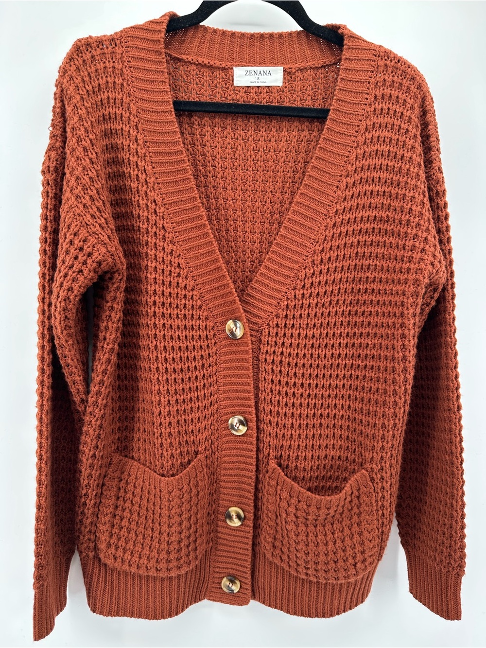 Zenana Outfitters Burnt Orange Button-Up Waffle Knit Cardigan - Picture 1 of 8